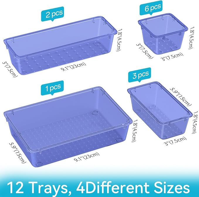 12 PCS Drawer Organizer Set, Makeup Organizer, Tool Storage Tray, Navy Blue | 4 Sizes, Plastic, Stackable, Multiple Gadgets, Desk Drawer Divider Organizers, for Makeup, Office Supplies Storage - Image 4