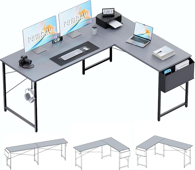 Pamray 64.5 Inch Reversible L Shaped Gaming Desk Large Corner Computer Desk with Storage Bag Home Office Table for Writing Study Grey - Image 4