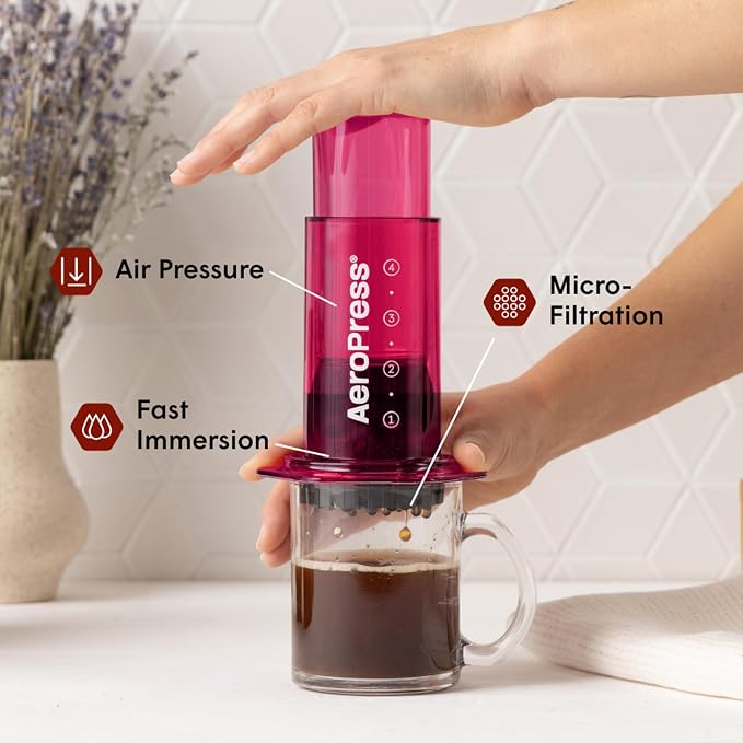 AeroPress Clear Pink Coffee Press, French Press, Pour-Over & Espresso Style | All-in-One Manual Coffee Maker, 2-Minute Brew, Less Bitterness, More Flavor, Portable, Travel & Camping - Image 2