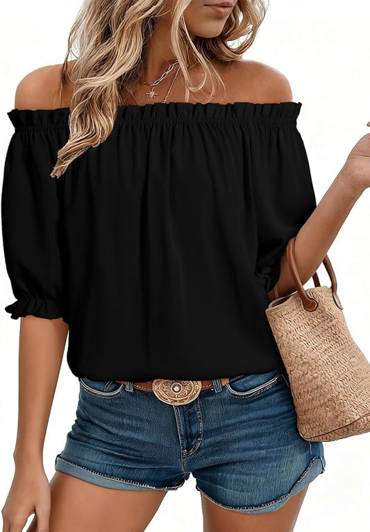 EVALESS Womens Tops Off The Shoulder Blouses for Women Dressy Casual Cute Puff Sleeve T Shirts Fashion 2026 by EVALESS