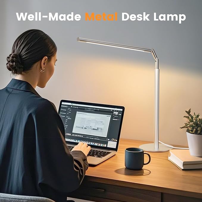 SIBRILLE Silver LED Desk Lamp, 16" Dimmable Metal Desk Light with Base, 15W 1200LM, Adapter Included, Color & Brightness Adjustable, Modern Tall Table Lamp for Home Office Reading Study Task Laptop - Image 2