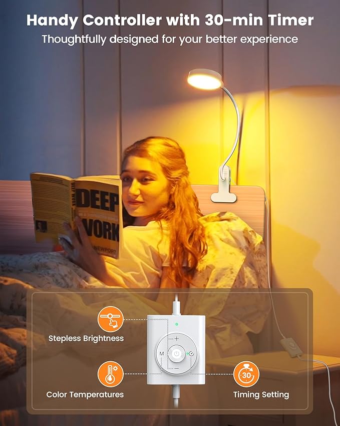 Glocusent 5W Clip on Light, 3 Colors & 5 Brightness Reading Light for Bed | Flexible Gooseneck Clip on Lamp, 30-Min Timer, Reading Lamp, Perfect Desk Lamp for Dorm,Bunk,Bed,Headboard,Table,Work,Craft - Image 5