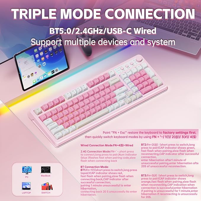 AULA 99 Key Keyboard, Wireless Pink Gaming Keyboard Creamy with Number Pad | Membrane Keyboard,RGB Backlit,Tri-Mode BT/2.4GHz/USB-C,2000mAh Rechargeable Thocky Clicky Creamy Sound Computer Keyboards - Image 3