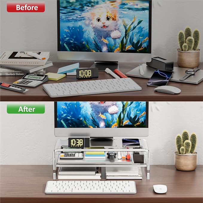 Egchi Acrylic Monitor Stand, 2 Tiers Clear Monitor Riser Computer Stand for Office, Home, Office, 5.12 Inches Hight PC Desk Stand for Keyboard Storage, Premium Platform for Laptop Printer TV Screen - Image 4