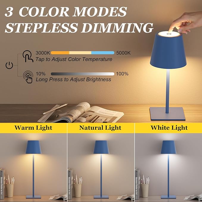 Kakanuo Cordless Rechargeable Table Lamp Navy 5000mAh Battery Operated Lamps, 3 Colors Stepless Dimming Touch Lamp for Living Room, Kitchen Counter, Dining, Outdoor Patio, 2 Pack - Image 4