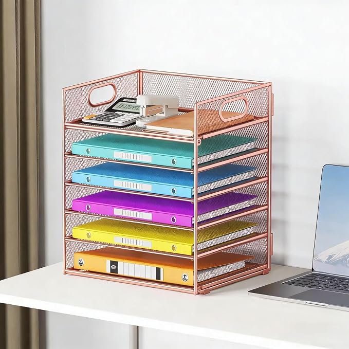 6 Tiers Letter Tray Paper Organizer with Handle, Mesh Desk File Organizer, Metal Desktop Document Shelf Organization, Paper Sorter Organizer for Office, Home or School File Folder Holder (Rose Gold) - Image 4