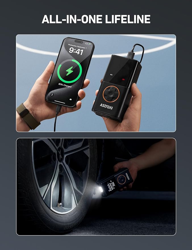 AstroAI L7 Tire Inflator Portable Air Compressor Cordless-2pack Bike Pump with Digital Dual Values Display, 150 PSI Car Tires Pump with LED Lights Air Pump for Cars, Motorcycles, Bikes, Balls Orange - Image 9