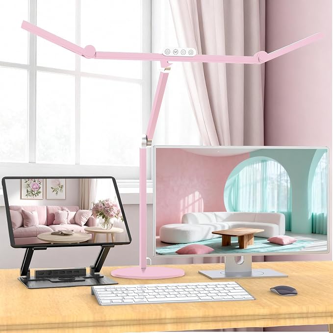 Micomlan Led Desk Lamp with Base, Adjustable Tall Architect Desk Light for Home Office with Flexible Swing Arm, 24W Pink Bright Table Lamp Auto Dimming Computer Light for Workbench by Micomlan