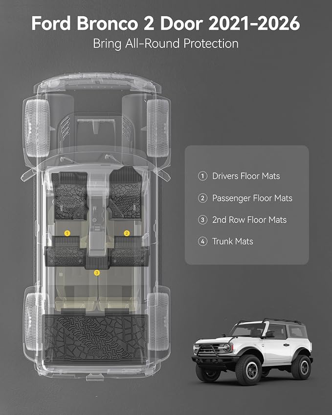 3W Floor Mats & Cargo Liner Fit for 2021-2025 2026 Ford Bronco 2 Door All Weather TPE Car Accessories Custom Fit Floor Liner and Full Set Car Mats (Not for Bronco Sport & Rubberized Floor) - Image 4