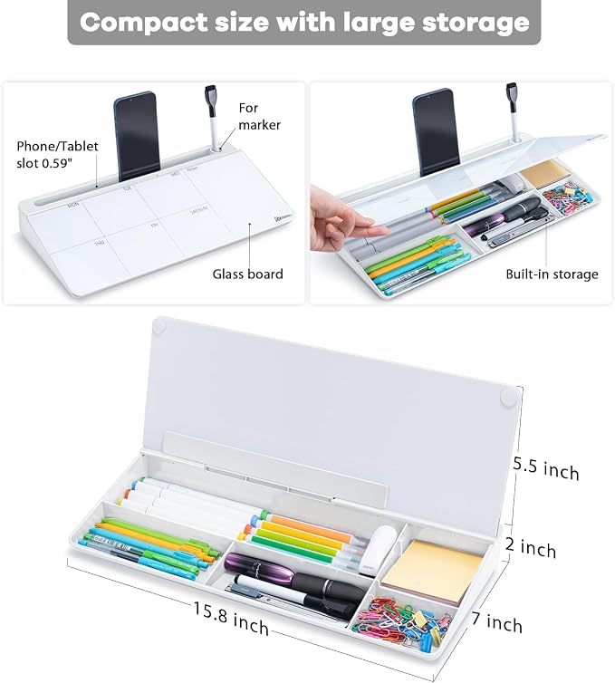 Varhomax Glass Weekly Dry Erase Desk White Board, Desktop to Do List Planner Whiteboard Calendar with Storage Caddy Memo for Home and Office, White - Image 3