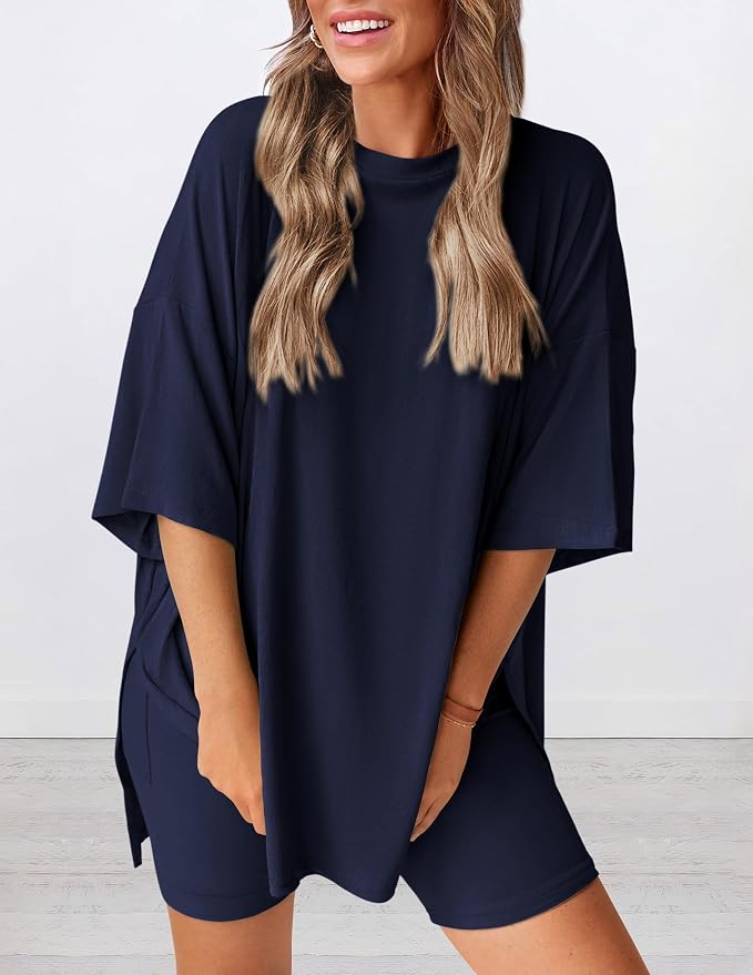 PRETTYGARDEN Women 2 Piece Lounge Set 2026 Summer Casual Oversized Shirts Biker Shorts Matching Airport Travel Outfit Clothes - Image 3