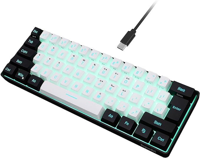 Snpurdiri 60% Wired Gaming Keyboard, 61 Keys RGB (Black-White) | Backlit Ultra-Compact Small Gaming Keyboard, for PC/Mac Gamer, Typist, Travel, Easy to Carry on Business Trip by Snpurdiri