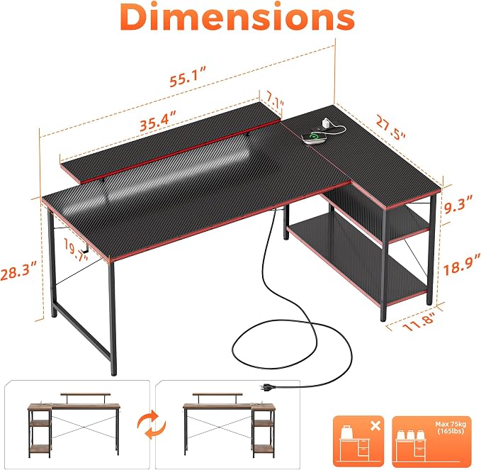 Mericonia 55 in L Shaped Gaming Desk, Large Corner Desk with Monitor Stand | Reversible Computer Desk with Power Outlets, LED Light & Storage Shelves, Office Table for Home Bedroom Study Work Writing - Image 2