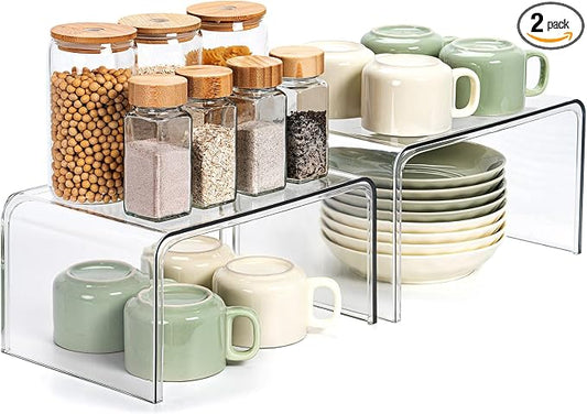 Bobomoment Clear Cabinet Organizer, Stackable Shelf Organizer Set of 2 | Kitchen Pantry Organizers and Storage, Display Cabinet Shelf Countertop Desk Shelves, Patented Spice Organization by BobomomentHome