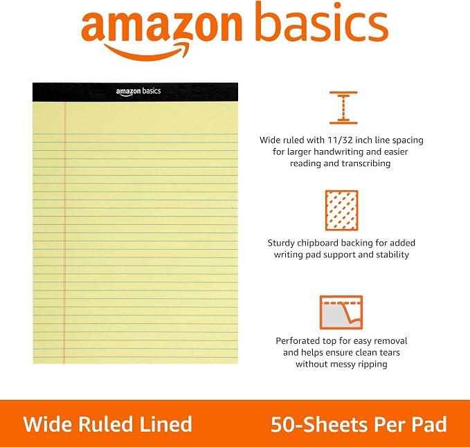 Amazon Basics Wide Ruled Lined Writing Pads, 8.5" x 11.75", Canary, 12-Pack of 50 Perforated Sheets, Sturdy Backing - Image 2