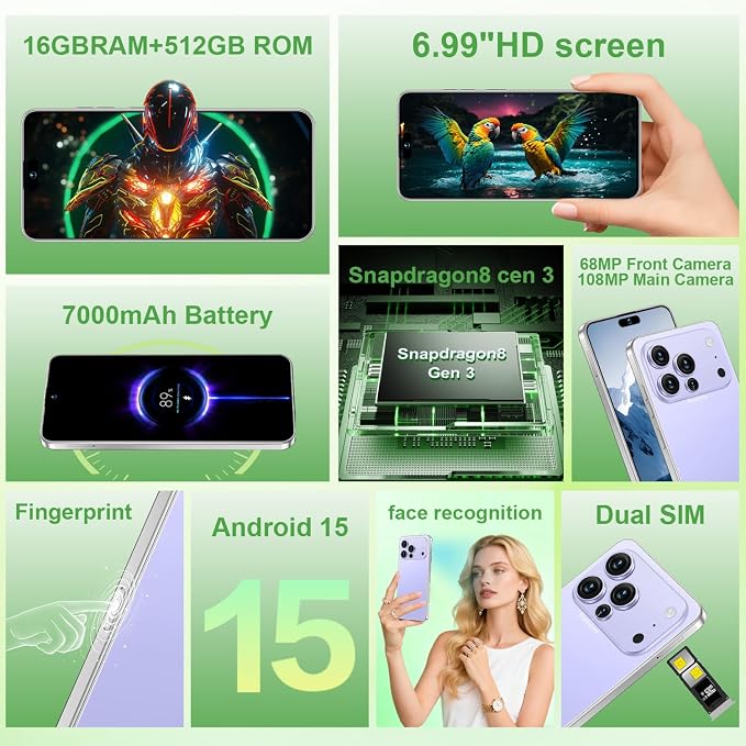 17 PMAX Unlocked Cell Phone,16GB+512GB Smartphone,6.99" HD Screen Android 15 5G Phones,Battery 7000mAh Android The Phone,Fingerprint Button Unlock/GPS/Face ID/Dual SIM/5G (Purple) - Image 2