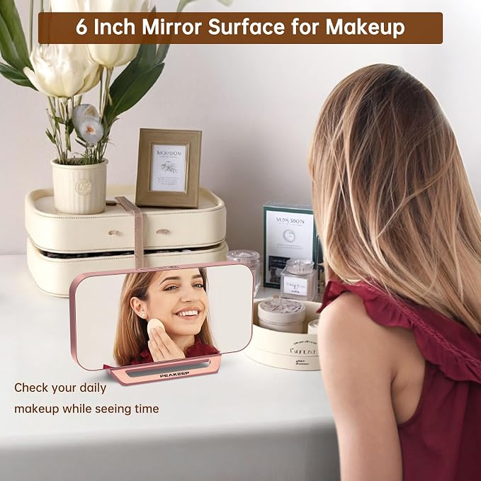 Peakeep Slim Digital Mirror Aesthetic Alarm Clock for Bedrooms Desk Decor | Plug in Electric Big LED Modern Small Clock for Office Living Room, Battery Backup, 6 Dimmers (Rose Gold) - Image 3