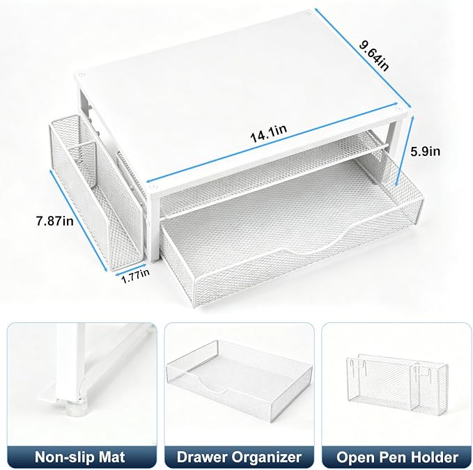 Spacrea Desk Organizer and Accessories, Computer Monitor Stand Riser with Drawer and 1 Open Pen Holder, Printer & Laptop Stand, Office Desk Accessories for Home Office Supplies (White) - Image 5