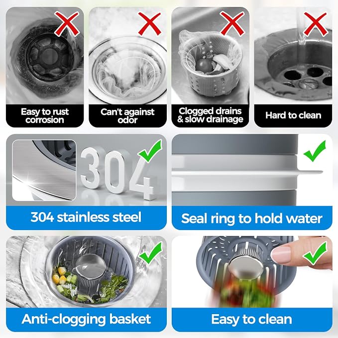zaa 3 in 1 Kitchen Sink Drain Strainer Stopper Removable Basket Pop-Up | Kitchen Sink Accessories 2 Pack Silver Stainless - Food Catcher, Odor-Blocking Seal, Fits 3.5" Drain, Easy Clean - Image 6