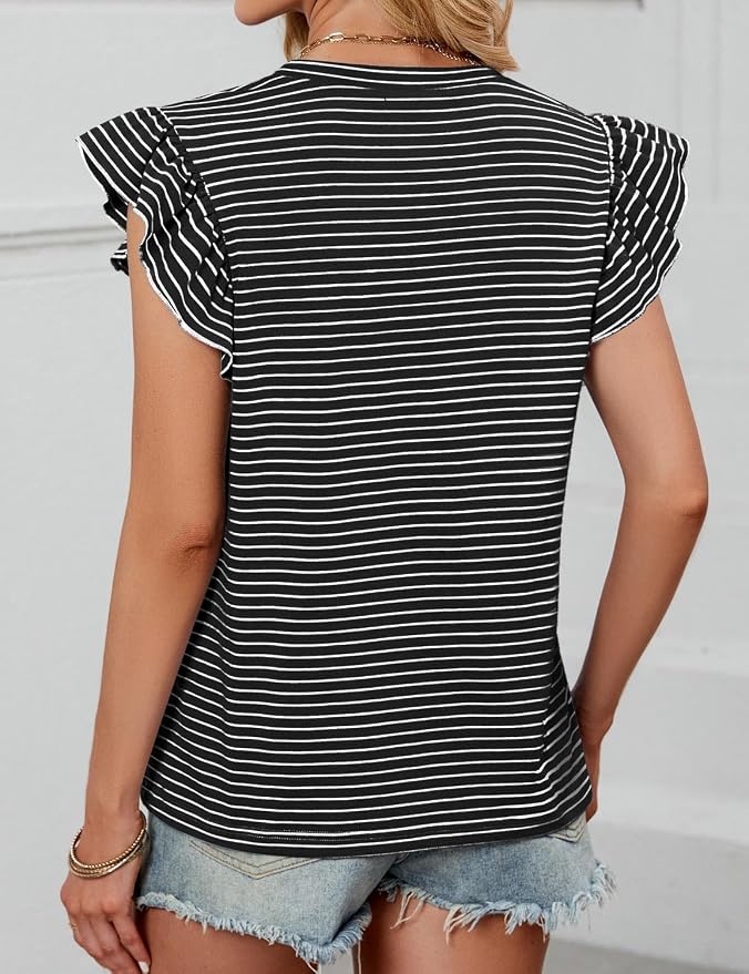 JUSTFASHIONNOW Womens Summer Tops Striped T-Shirts 2026 Ruffle Short Sleeve Crew Neck Casual Blouses with Pocket - Image 6