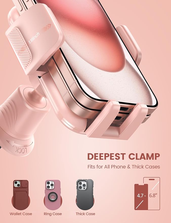 Lamicall 2026 Wider Clamp & Metal Hook Car Phone Holder Vent [Thick Cases Friendly] Phone Holders for Your Car Mount Automobile Hands Free Cradle Air Vent for iPhone 17 16 15 14 13 Pro Max Pink - Image 2