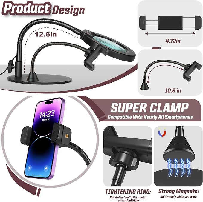 10X Magnifying Glass with Light and Phone Holder, 5 Color Modes Stepless Dimmable LED Lighted Desk Lamp with Stand, Hands Free Magnifier with Flexible Goose-Neck for Craft Hobby Painting, Black - Image 6