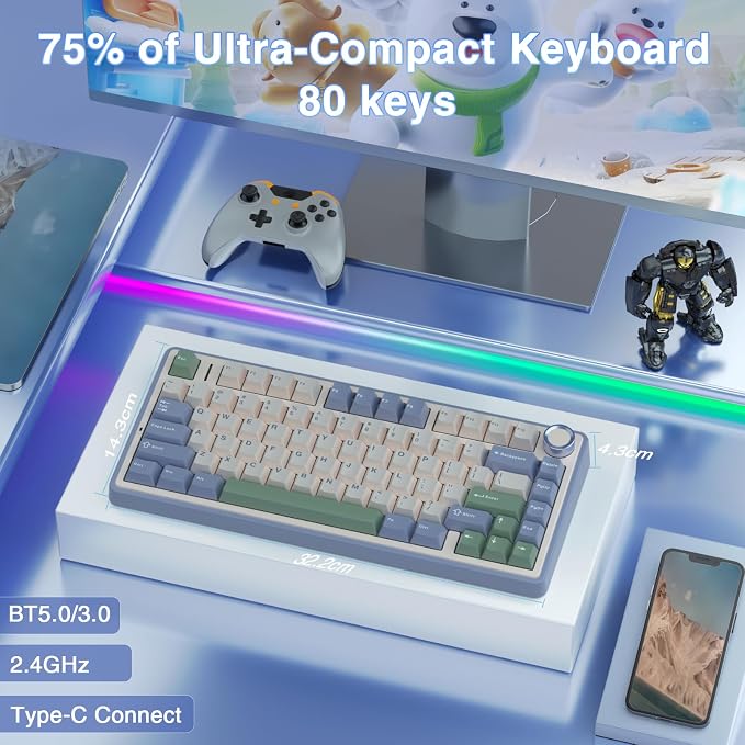 AULA F75 75% Wireless Mechanical Keyboard, Hot Swappable Creamy Keyboard, Pre-lubed Reaper Switches RGB Backlit Gaming Keyboards, 2.4GHz/Type-C/BT5.0(White & Green) - Image 2