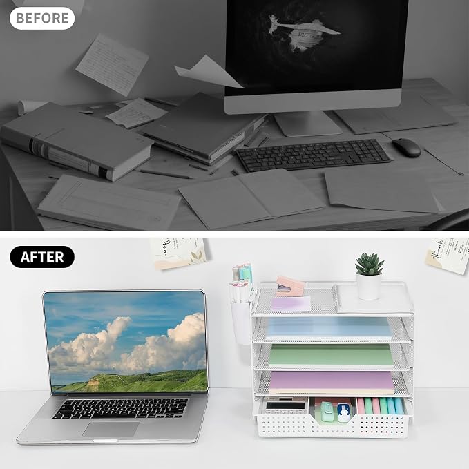 LEKETREE Desk Organizer and Accessories, 5-Tier Paper Letter Tray Organizer with Drawer & 2 Pen Holders for Desktop File Organization, Office Desk Accessories for Supplies Storage (White) - Image 6