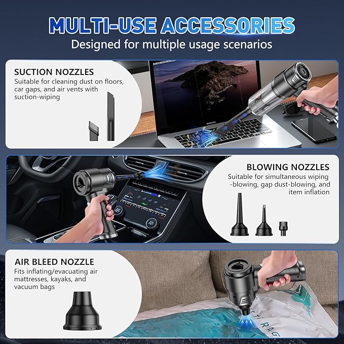 KMM Handheld Car Vacuum Cleaner, 10000PA Vacuum Cleaner & Air Duster, 120W High Power Hand Held Vacuum Cordless, Portable Vacuum Rechargeable with Multi-Nozzles & LED Light for Car, Home, Pet, Office - Image 5