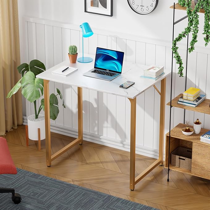 PayLessHere | 32 Inch Computer Desk | White Gold | Sturdy Office Desk | Metal Frame, Adjustable Feet | Water-Resistant, Scratchproof Surface | Writing Table for Home Office or Study | Pack of 1 - Image 2