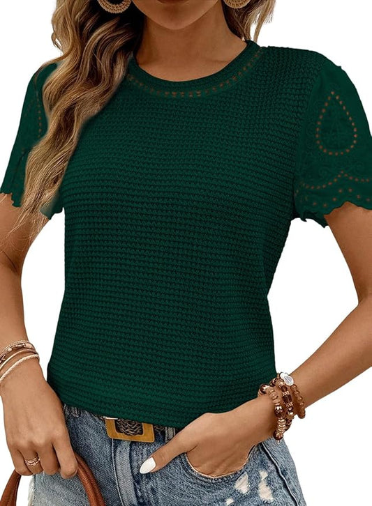 SHEWIN Womens Frenchy Summer Tops Crewneck Short Sleeve T Shirts Casual Waffle Knit Jacquard Blouses Top Shirts by SHEWINBeYourFashionStylist