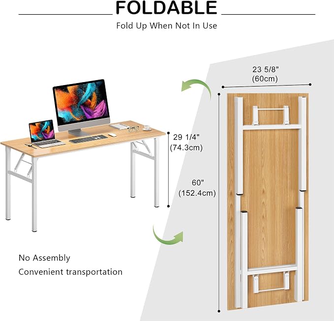 Need Office Computer Desk 60 Inch Sturdy Folding Laptop Table Teak | White Frame Writing Gaming Work Table/Foldable Home Office Desk/Sewing Table, No Assembly Required - Image 3