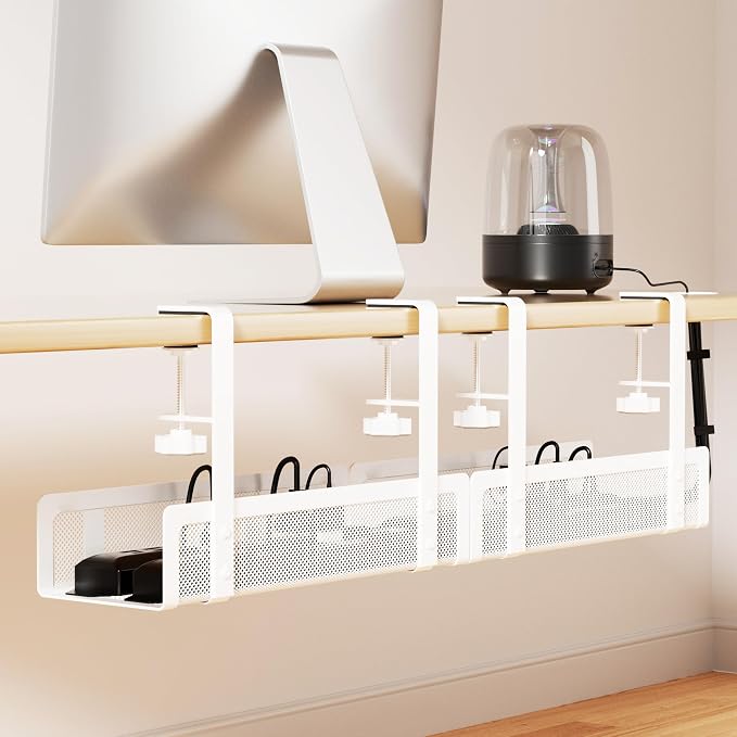 [Upgraded] 2 Pack Cable Management Under Desk Tray, Xpatee 27.6" No Drill Open Slots Cable Management Tray, Cord Wire Organizer Box with Clamp for Table Thickness up to 3" - No Desk Damage(White) by Xpatee