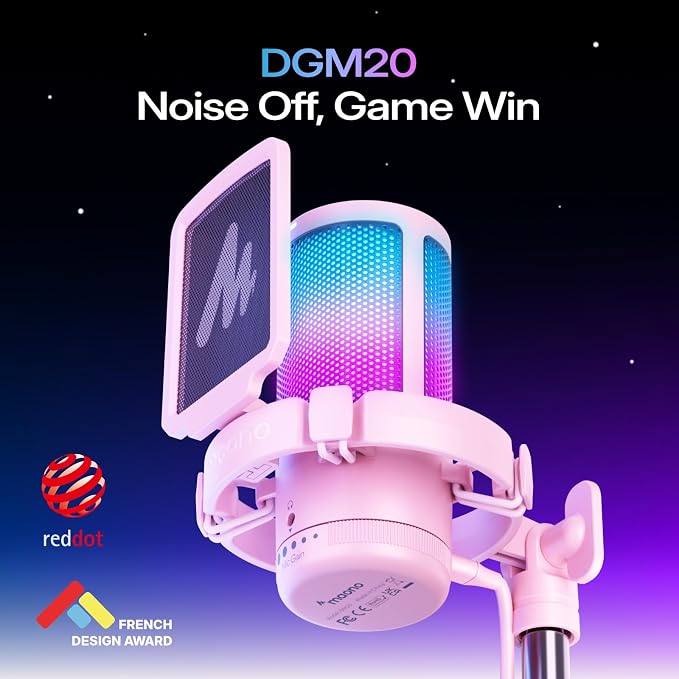 MAONO DGM20S USB Microphone for PC with Clear Voice & Noise Reduction | RGB Lighting, Tap-to-Mute, Gain Control, Monitoring and Boom Arm for Discord Gaming, Streaming, Content Creation.Pink - Image 2