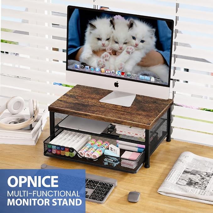 OPNICE Computer Monitor Stand Riser, Desk Organizer with Drawer, Printer & Laptop Stand, Office Desk Accessories & Workspace Desktop Organizers Storage for Office Supplies(Brown) - Image 2