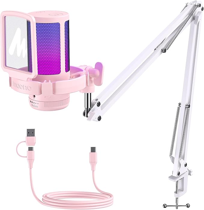 MAONO DGM20S USB Microphone for PC with Clear Voice & Noise Reduction | RGB Lighting, Tap-to-Mute, Gain Control, Monitoring and Boom Arm for Discord Gaming, Streaming, Content Creation.Pink by MAONO
