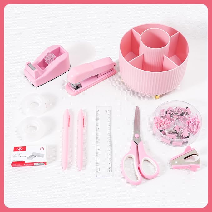 Gawsey Pink Desk Organizers and Accessories with Desk Organizer 360° Rotating Pen Holder and Office Supplies, Cute Stationery Supplies Set - Image 7