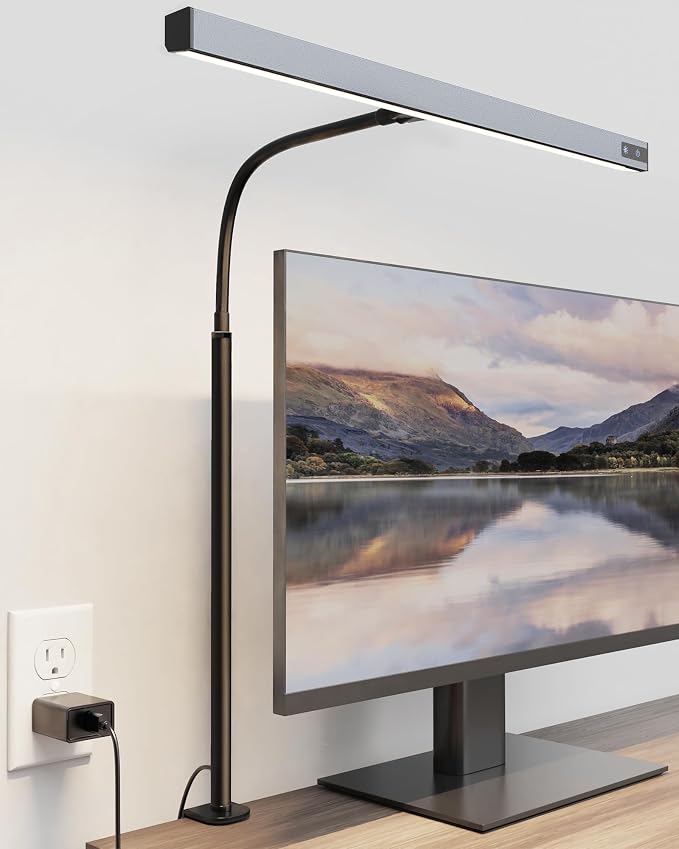 SUPERDANNY LED Desk Lamp for Office Home, Eye-Caring Desk Light with Adjustable Gooseneck, 12W Touch Control Dimmable Brightness, Architect Clamp Lamp with USB Adapter, Grey by SUPERDANNY