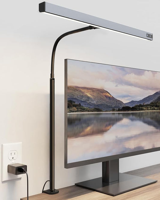 SUPERDANNY LED Desk Lamp for Office Home, Eye-Caring Desk Light with Adjustable Gooseneck, 12W Touch Control Dimmable Brightness, Architect Clamp Lamp with USB Adapter, Grey by SUPERDANNY