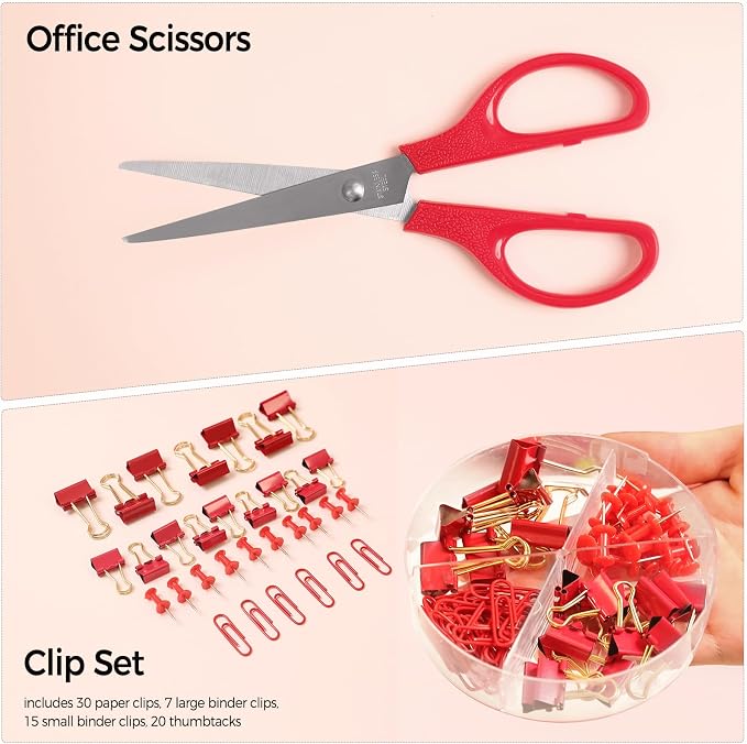 SKYDUE Red Office Supplies Set, Pencil Holder for Desk, Stapler, Tape Dispenser, Scissors,Clips and 1000pcs Staples, Office Decor for Women, Red Desk Accessories - Image 3