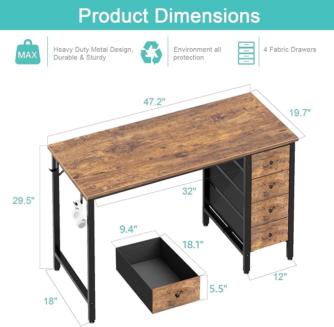 Lufeiya 47 inch Computer Desk with 4 Drawers, Reversible Writing Work Study Desk for Home Office Bedroom, Modern Simple Student PC Desks, Rustic Brown - Image 3
