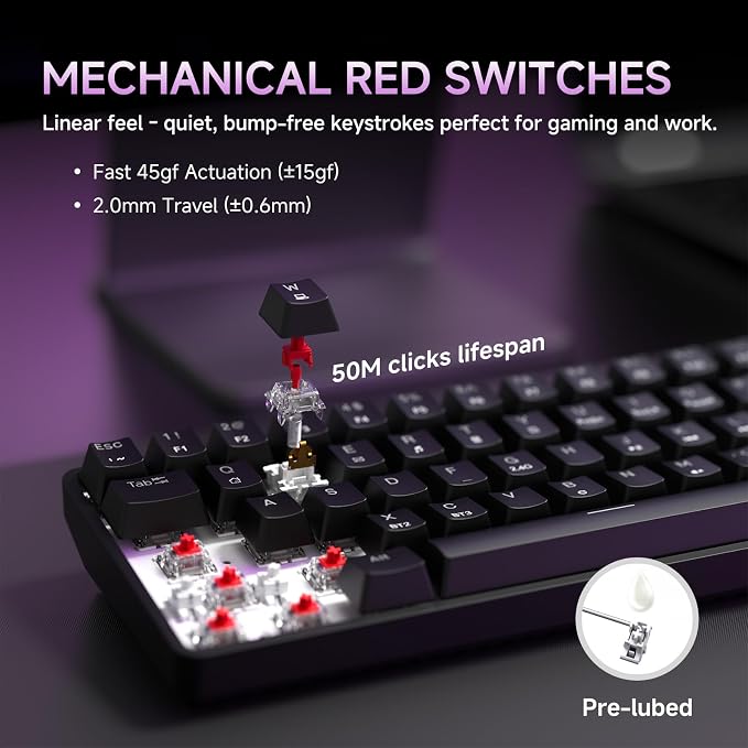 DIERYA DK68 60% Wireless Mechanical Gaming Keyboard, 3-Mode, Bluetooth 5.0/2.4G/USB-C, RGB Backlit, 68-Key Compact Mini for Windows, Mac, Linux - Linear Red Switch - Black - Image 4