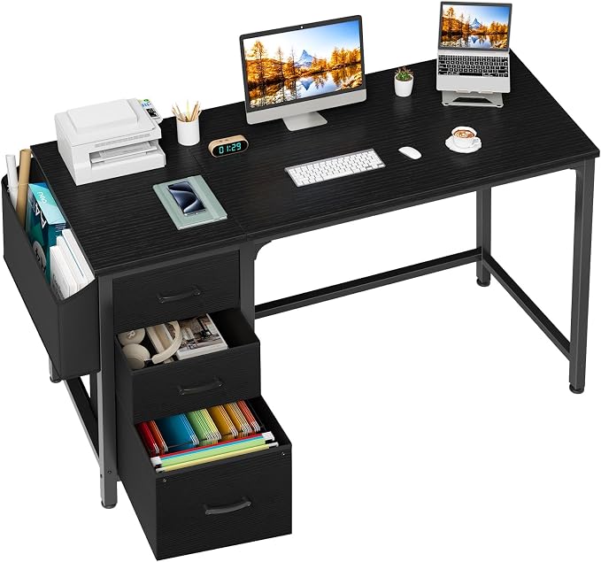 Lufeiya Computer Desk with Fabric File Drawers Cabinet, 55 Inch Reversible Home Office Desks with Filing Cabinet, Study Writing Table PC Desks with Storage for Bedroom, Black by LUFEIYA