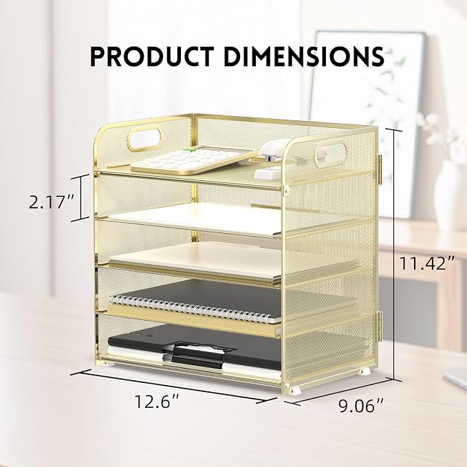 Supeasy 5 Trays Paper Organizer Letter Tray with Handle-Mesh Desk File Organizer, Paper Sorter Desk Organizer for Office, Home or School (Golden) - Image 5