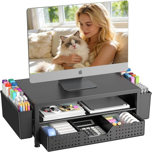 OPNICE Desk Organizers and Accessories, Computer Monitor Stand Riser with Drawer and 2 Pen Holders, Printer & Laptop Stand, Office Desk Accessories & Workspace Organizers for Home Office Supplies, Black by OPNICE