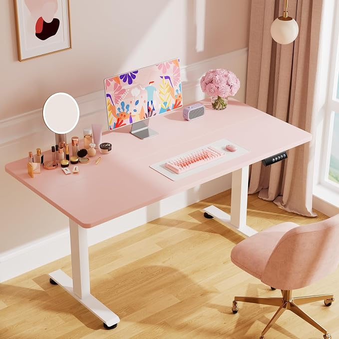 Veken Standing Desk, Pink, 55×23.6 Inch | Height Adjustable Sit Stand Up Computer Tables for Home Office, Study , Writing, Suit students, employees and group work - Image 2