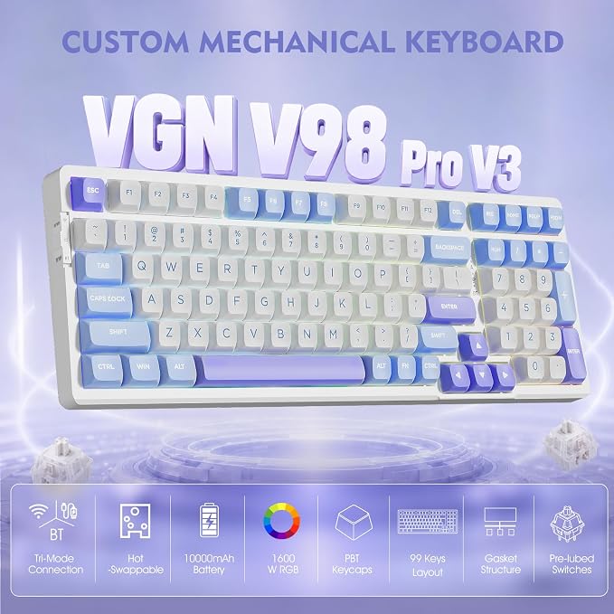 VGN V98ProV3 Gaming Keyboard, Tri-Mode Wireless Custom Mechanical Keyboard | Hot Swappable Gasket Keyboard , Bluetooth 2.4G USB-C, RGB Backlit Computer Keyboards for PC Mac, Pre-lubed Cow Switch, Purple - Image 2