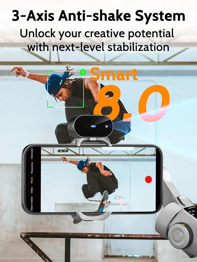 AOCHUAN Gimbal Stabilizer for Video Recording, Smartphone 3-Axis Smartphone Gimbal with AI Tracking Sensor for Vlogging,7.8' Extension Rod,Trigger Button,YouTube Tiktolk(Smart V8 AI White) - Image 2