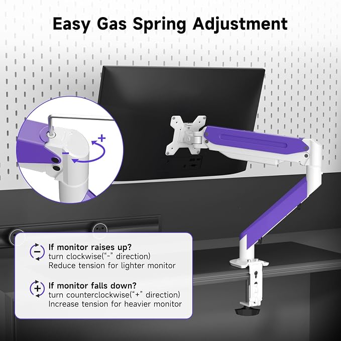 Suptek Monitor Mount Gas Spring Monitor Arm Desk Mount Fully Adjustable Fits 17 20 22 23 24 26 27 32 35 inch Monitors Weight Capacity up to 24.25 lbs (White+Purple, 17"-35") - Image 5