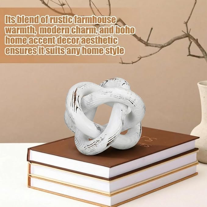 Yalikop 3 Link Wood Knot Decor Rustic Home Décor Accents Hand Carved Coffee Table Decoration, Boho Chain Link Decoration, Modern Shelf, Rustic Objects for Home Living Room Bedroom(Retro White) - Image 4